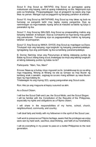 boy scout investiture|Program for investiture tagalog version Script and Spiel .